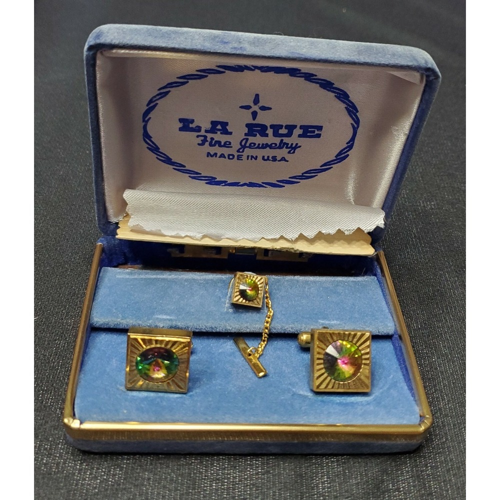 Vintage La Rue Gold Tone Green & Pink Rhinestone Cufflinks & Tie Clip Set w/ Box